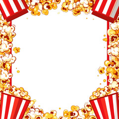 Popcorn Border with Red and White Striped Buckets on White Background Cinema Movie Night Celebration Frame Illustration