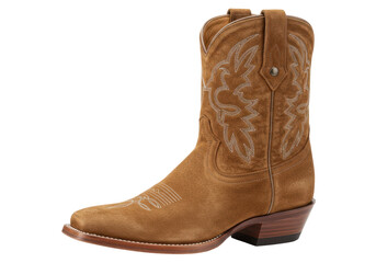 Isolated traditional western-style suede leather boot with classic stitching design, angled view