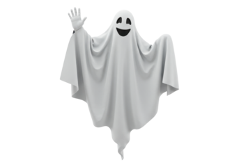 Isolated Spooky Halloween Ghost Smiling and Waving Hello Ready for Tricks and Treats Season