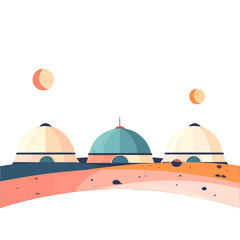 Pixel Art of Three Domed Structures on a Terracotta Landscape Under Two Moons in a Minimalist Design