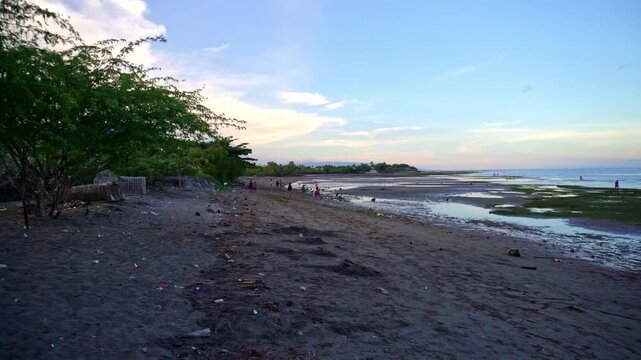 At low tide, people collect algae and mollusks and arthropods, crabs run to the shallows