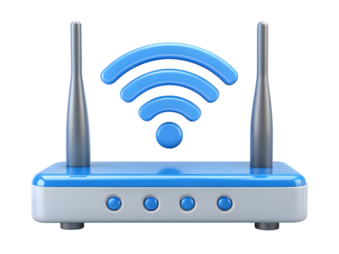 Modern wireless router with glowing blue wi fi signal waves and antennas isolated on transparent background