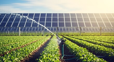 Solar Panels Powering Irrigation in Farm Field: Sustainable Agriculture and Eco-Friendly Farming Practices for Food Production