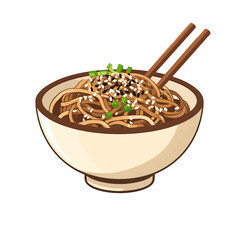 Pixelated Bowl of Brown Noodles with Chopsticks Sesame Seeds and Green Onions on White Background Food Illustration