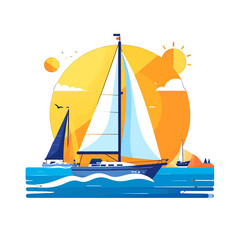 Illustration of Sailboat on Blue Water with Orange Sun White Clouds and Birds in a Vector Style over White Background