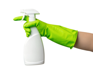 A hand wearing a bright green rubber glove firmly holds a generic white plastic spray bottle with a trigger, transparent, png, isolated.