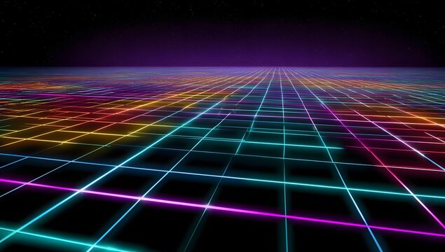 Vibrant neon grid receding into a dark digital expanse with glowing lines of cyan magenta yellow and red creating a futuristic cyberspace landscape - Powered by Adobe