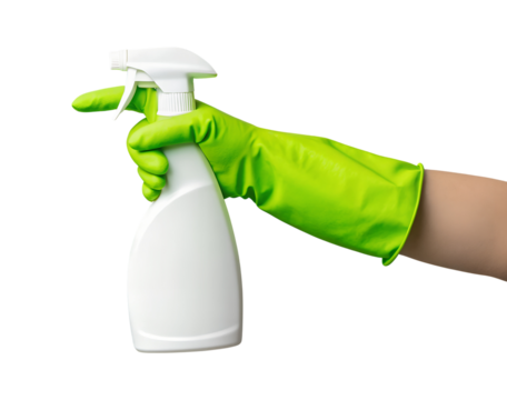 A hand wearing a bright green rubber glove firmly holds a generic white plastic spray bottle with a trigger, transparent, png, isolated.