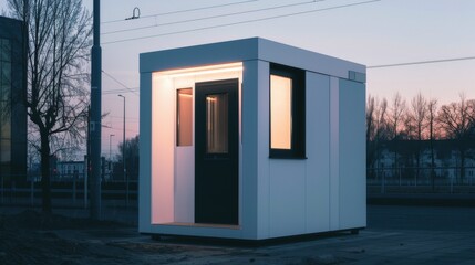 A modern, minimalist white cabin with a black door and windows, illuminated from within, set against a twilight sky.