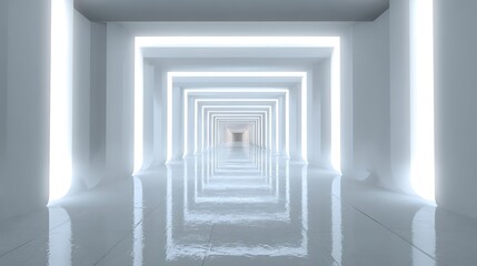 Futuristic Neon Light Tunnel with Reflective Floor and Glowing Arches