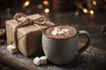 Fototapeta premium Cup of hot cocoa with marshmallows beside a gift box, evoking cozy holiday warmth and happiness.