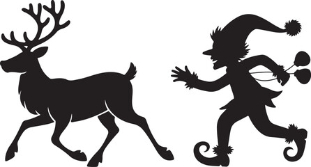 Black silhouette running deer and cute Christmas elf