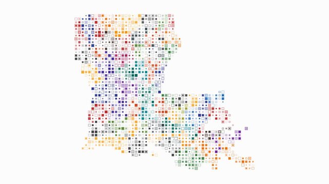 Louisiana animated shape. Pulsating colored dots on the map of the state. Small size square blocks. Digital style Louisiana map on white background. Vibrant animation video.