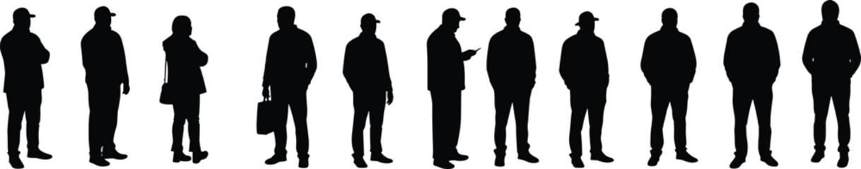 Silhouette illustration of multiple standing people in casual outfits with bags and caps, group of individuals, street fashion, urban lifestyle black vector design