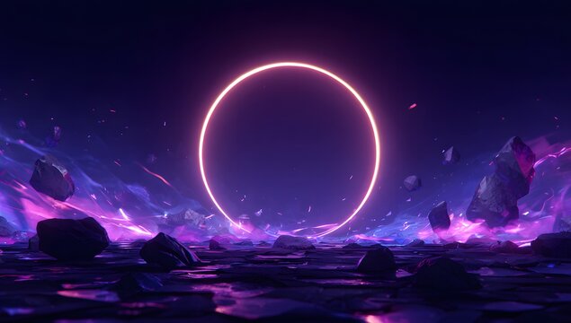 Vibrant neon ring illuminates ethereal alien landscape with floating rocks and cosmic hues of purple and pink - Powered by Adobe