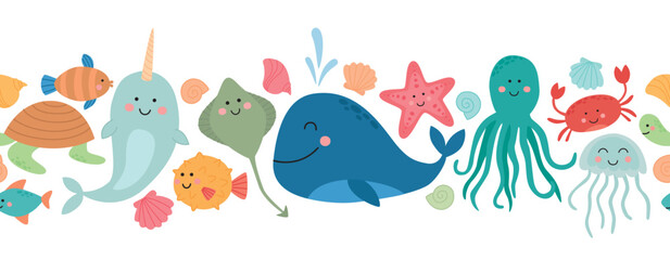 Horizontal border with sea creatures and shells. Background with cute characters isolated on white.	