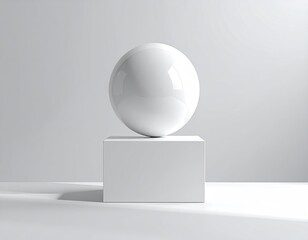 White sphere sits atop a white cube, simple still life