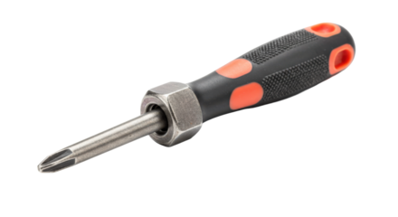 Screwdriver with black and orange handle on white background