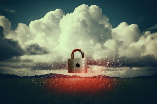 Secure data transmission from cloud storage to ground, symbolized by a padlock and falling alphanumeric characters