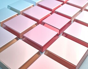 Shiny squares; rose-gold, blue tints reflect. Crisp