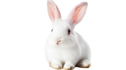 A fluffy white rabbit with pink ears sitting upright against a black background in a studio shot on transparent background