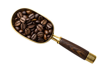 Fototapeta premium Dark roasted coffee beans fill a golden measuring scoop featuring a wooden handle, presented isolated on a transparent png background.