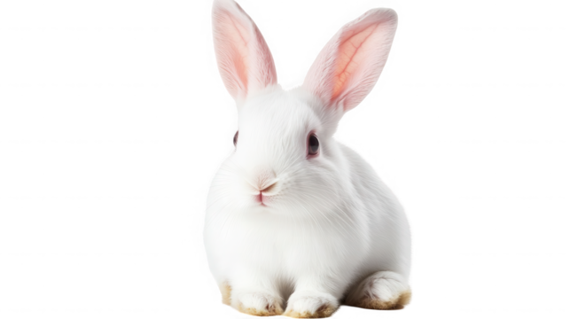 A fluffy white rabbit with pink ears sitting upright against a black background in a studio shot on transparent background - Powered by Adobe