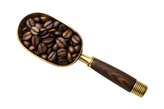 Dark roasted coffee beans fill a golden measuring scoop featuring a wooden handle, presented isolated on a transparent png background.