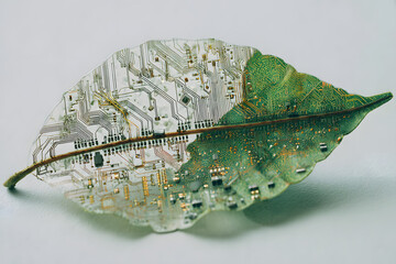 holographic interface shaped like a leaf with organic circuits merging seamlessly with nature