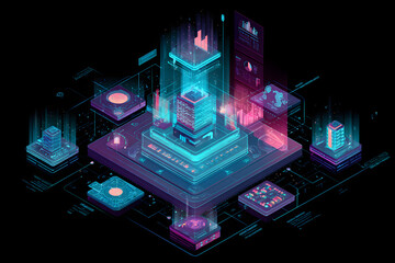 isometric holographic control center with glowing data layers in a clean futuristic 3d illustration