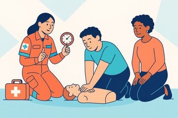 CPR training with medical instructor teaching chest compressions on dummy with stopwatch, surrounded by diverse adults on light abstract background. Ai generative