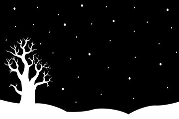 Fototapeta premium Horizontal background with lonely tree, snowy hills and falling snowflakes. Winter loneliness, cold season. Flat vector design. For background or website. Black and white color.