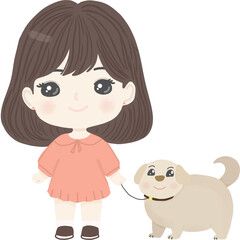 Adorable pastel illustration of a smiling girl with brown hair wearing a peach dress and walking her cute beige dog.
