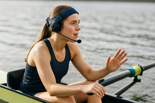 Female rowing coxswain in navy outfit wearing headset giving instructions on water during training session in natural light environment outdoors. Ai generative