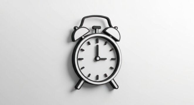 Classic alarm clock illustration, black & white, showing 3 o'clock, cast shadow