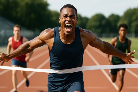 Triumphant male sprinter crossing the finish line with emotion on outdoor track during sunny competition, captured in dynamic sport action moment. Ai generative