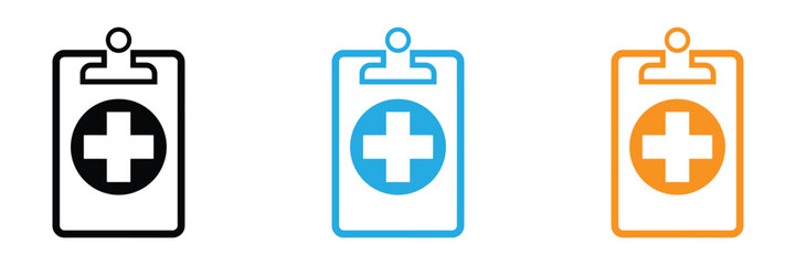 Medical clipboard icons in black, gray, and blue shades,Medical clipboard icon set isolated on white background, representing health, care, and information