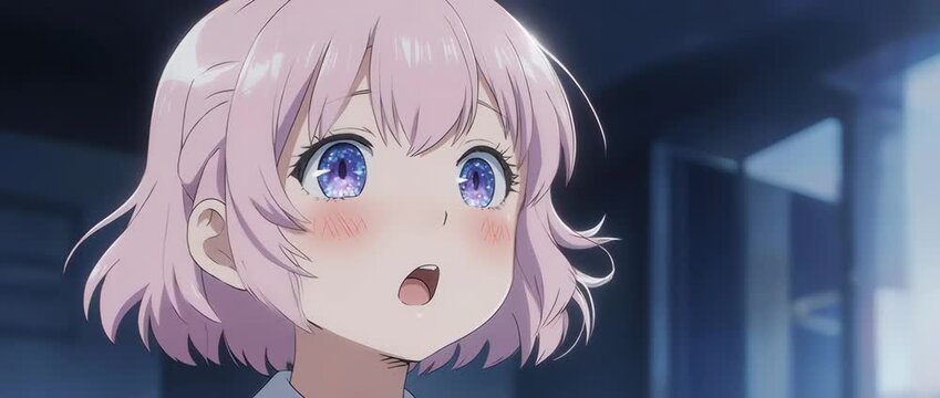 A close-up of an anime girl's shocked and surprised expression. Her wide eyes and open mouth perfectly capture a moment of disbelief or amazement.