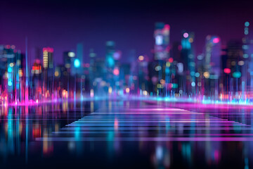 neon interface flickering with glitch effects against a purple and cyan futuristic city background