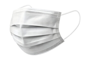 A white disposable medical face mask with pleated layers and elastic ear loops, isolated on a clean transparent background, available as a png.