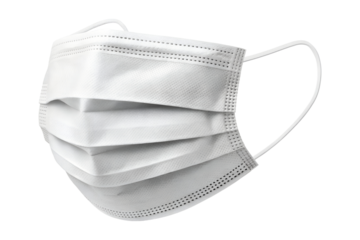 A white disposable medical face mask with pleated layers and elastic ear loops, isolated on a clean transparent background, available as a png.