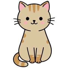 A cute cartoon illustration of a light brown tabby cat with stripes sitting down on a white background.