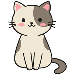 A cute cartoon cat with grey patches and pink cheeks, sitting and smiling happily on a white background.