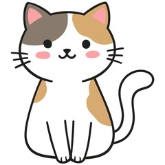 A cute, cartoon-style calico cat with white, brown, and orange patches, sitting and looking forward with rosy cheeks.