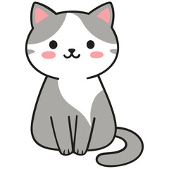 A cute grey and white cartoon cat sitting down with pink cheeks, isolated on a white background.