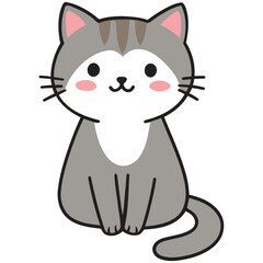 A cute gray tabby cat with pink ears and cheeks sitting and smiling, depicted in a simple cartoon style.