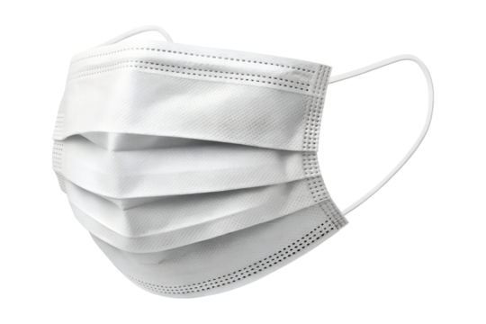 A white disposable medical face mask with pleated layers and elastic ear loops, isolated on a clean transparent background, available as a png.