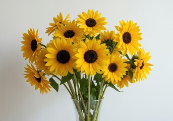 Obraz premium Sunflower Bouquet: A vibrant collection of sunflowers radiates joy and warmth, their radiant yellow petals creating a cheerful display in a bright, inviting space.