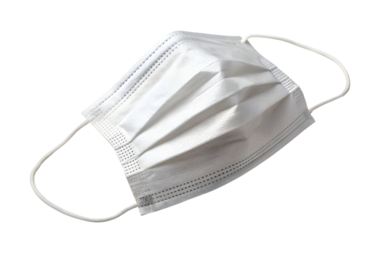 A simple white disposable face mask floats gently, perfectly isolated against a transparent background, presented as a clear png image.