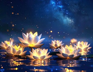 Glowing lotuses float in serene night water